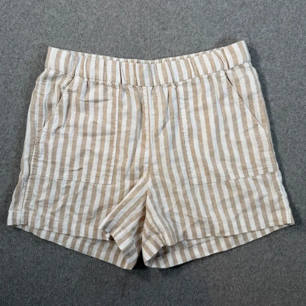 J.Crew Linen Blend Striped Shorts Women's Small Beige White Elastic Waist Pocket